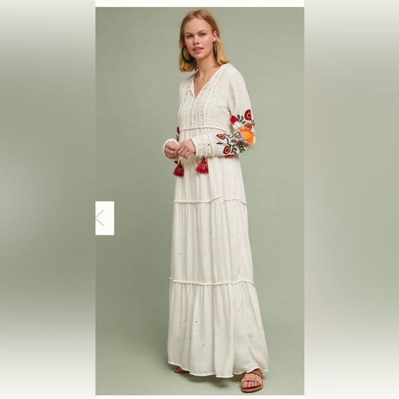 Anthropologie Dresses & Skirts - Anthropologie Winsome Maxi Dress White Tiered Ruffled Gown with Bishop Sleeves